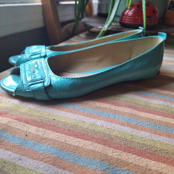 Chloe Aqua Blue Open-Toe Flats - Picture 2 of 10